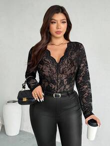 Firerie Áo cánh tay dài cổ chữ V viền ren thanh lịch, giản dị cỡ lớn, đa năng cho trang phục hàng ngày và đi nghỉ, mùa xuân/thu - màu đen - Xem 7
