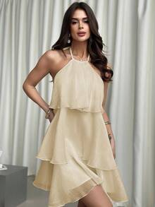 Firerie Váy bồng cổ yếm organza trắng hở lưng nhiều lớp lãng mạn thanh lịch, thích hợp cho ngày lễ tình nhân - Màu be - Xem 8