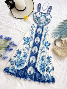 Soleia Women's Fashion Vacation Casual All-Over Print Spaghetti Strap Dress Women Vacation Dress Boho Summer Dress Women Blue And White Dress Women Carnival, - Blue and White - View 4