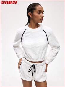 Rest Era Women's Raglan Sleeve Fluffy Top And Drawstring Waist Shorts Lounge Set, Winter Clothes - White - View 6