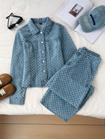 Comfortcana Conjunto de mezclilla con botones delanteros de color azul claro con diseño de patrón tejido único, perfecto para salidas casuales. Elegante conjunto de mujer, atuendo casual para mujer, conjunto casual para mujer