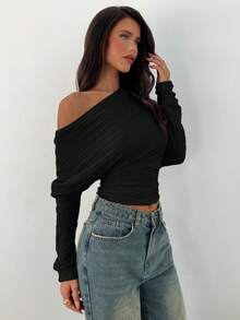Aloruh Áo crop top dáng ôm, màu trơn tối giản, cổ bẻ, không đối xứng, thoải mái khi đi làm cho nữ, mùa xuân/thu - màu đen - Xem 5