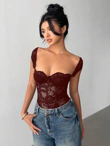 Aloruh Bộ đồ liền thân ren trơn màu gợi cảm thời trang dành cho nữ - Màu Đỏ Sâu - Xem 4