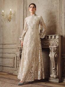 Anewsta 女士新款优雅喇叭长袖刺绣连衣裙，杏色/香槟色，适合派对、生日、情人节等场合 - 杏色 - 查看 5