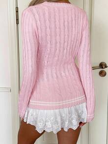 CovetEZ 女式V领长袖修身针织毛衣，带骑士图案，秋冬 - 粉色 - 查看 2