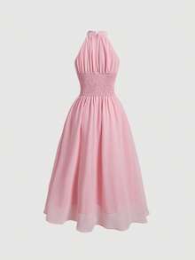 SHEIN MOD 纯色荷叶边露背褶皱腰身粉色夏季连衣裙，弗拉明戈连衣裙 - 粉色 - 查看 2