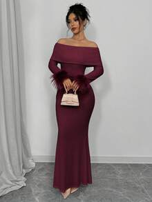 Elenzga 女士纯色简约休闲露肩连衣裙，流苏袖口装饰长款女装 - 酒紅色 - 查看 3