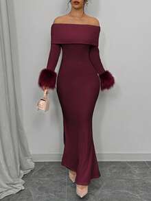 Elenzga 女士纯色简约休闲露肩连衣裙，流苏袖口装饰长款女装 - 酒紅色 - 查看 8