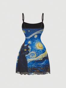 SHEIN MOD Vintage Style Black Cat & Star Print Mesh Overlay Dress, Suitable For Dates, Parties, Holidays, Tea Parties, Birthdays,Valentines Clothes,Vacation Outfits Woman,Summer Outfits For Women,Beach Outfits For Woman,Mardi Gras,Valentines Dress,Rave Outfits Festival - Multicolor - View 2