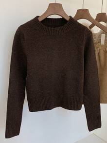 Comfortcana Áo len dài tay cổ tròn màu trơn thường ngày cho nữ, mùa thu/đông - Cà phê nâu - Xem 6