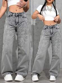 Pantalones Vaqueros Anchos de Mujer de Cintura Alta, Estilo Vintage con Detalles Únicos, Confortables y Versátiles - Gris - Ver 3