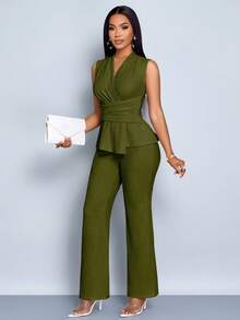 SOLERSUN 女款杏色优雅V领长袖T恤阔腿裤两件套不对称下摆两件套日常休闲女装春夏无袖短袖 - 墨綠色 - 查看 4