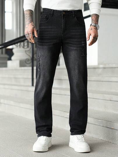 Manfinity Homme Men's Pocket Distressed Straight Loose Casual Versatile Jeans