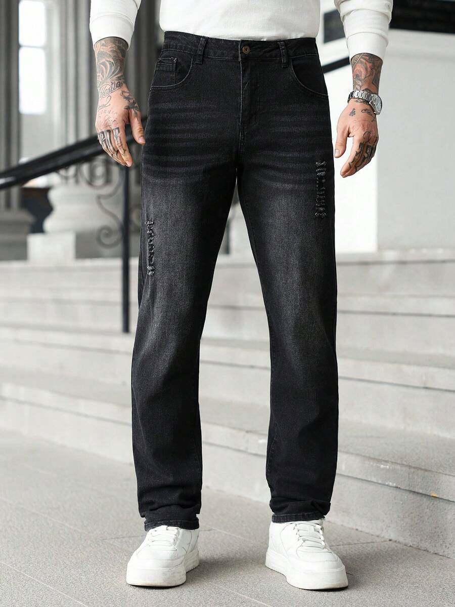 Manfinity Homme Men's Pocket Distressed Straight Loose Casual Versatile Jeans - Black - View 1