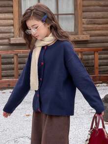 DAZY Tween Girls Solid Color Cardigan - Navy Blue - View 1