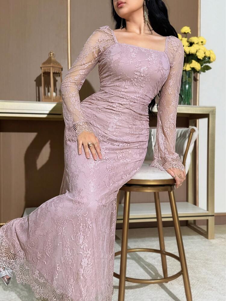 Feyla Women's Elegant Party Solid Color Lace Dress - Pink - View 4