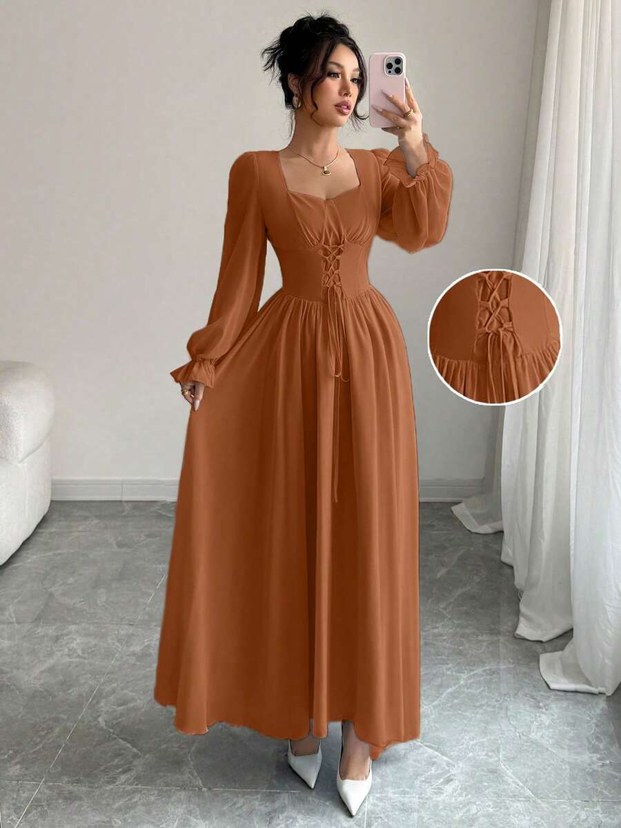 Modelyn 女士纯色心形领长袖系腰法式优雅中长连衣裙 - 橘色 - 查看 1