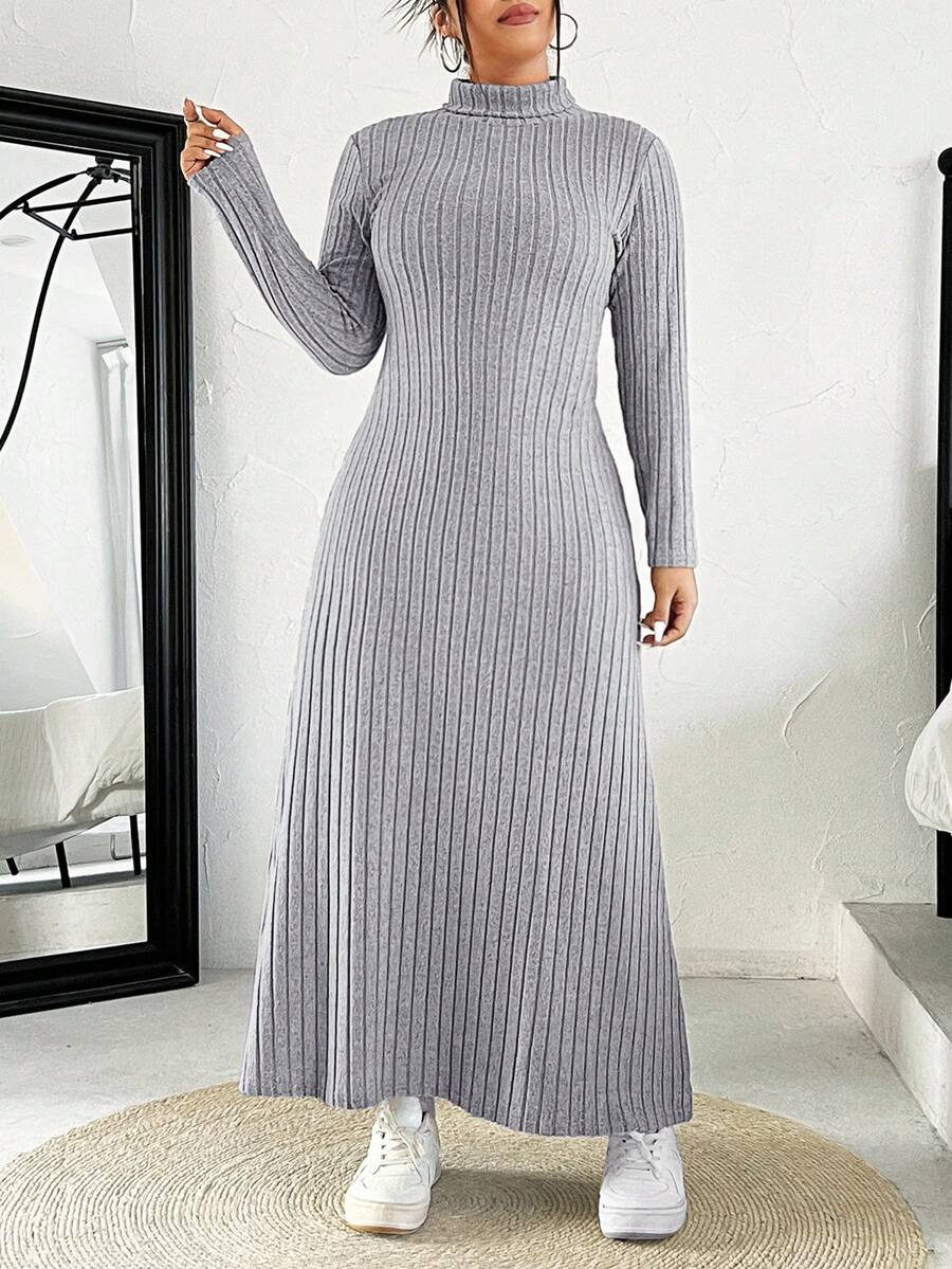 SHEIN EZwear 大码纯色休闲连衣裙,秋冬款 - 灰色 - 查看 1