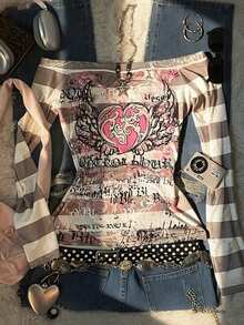 INAWLY 大码女式 Y2K 甜美 2000 年代粉色天使爱心印花，黑灰条纹单肩长袖 T 恤，非常适合返校季，也是送给女朋友的好礼物。 - 彩色 - 查看 3