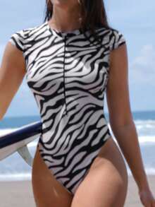 Swim SPRTY 1pc Zebra Print One-Piece Swimsuit For Women, Summer Surfing & Vacation Casual Swimwear - Multicolor - View 4