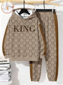 2 件 KING 青少年男孩休闲简约长袖连帽运动衫套装，适合秋冬季 - 彩色 - 查看 2