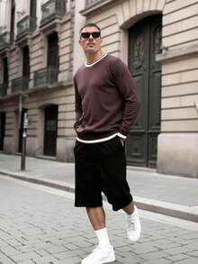 Manfinity Homme Pull col rond manches longues casual grande taille pour hommes, automne/hiver - Marron - Voir 3