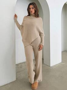 Aloruh 女士纯色高领蝙蝠袖不对称下摆毛衣和针织裤休闲两件套，秋冬款 - 黃色 - 查看 5