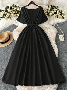 DreamSkyne Đầm dài tay ngắn cổ chữ V màu trơn thanh lịch cỡ lớn dành cho nữ - màu đen - Xem 2