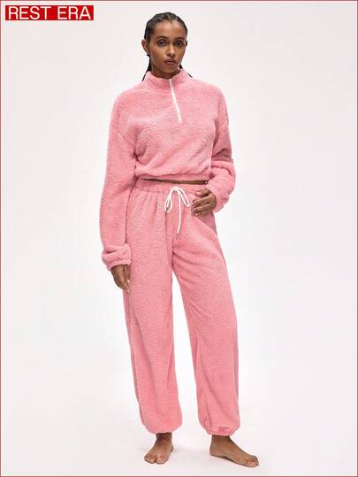 Rest Era Conjunto de pijama de felpa suave con sudadera con cremallera y pantalones estilo casual y cálido para mujer, otoño/invierno