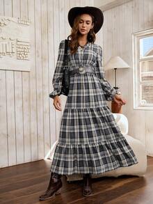 LanaWest 女士格子图案可追踪面料圆领小褶皱腰身修身娃娃裙，裙摆设计休闲波西米亚西部乡村风格 - 灰色 - 查看 6