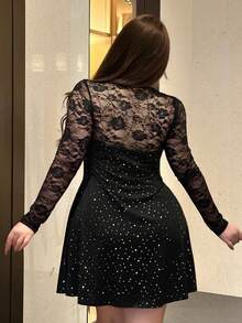 Vibekara 大码女式性感甜美紧身网纱蕾丝亮片拼接连衣裙 - 黑色 - 查看 2