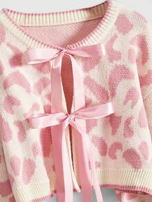 ROMWE Kawaii Y2K Leopard Print Bow Tie Strap Long Sleeve Casual Women Cardigans
