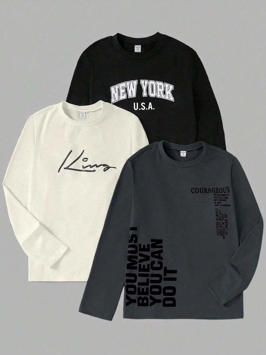 Vacaura 3pcs/Set Teenage Boys Casual Letter Print Crew Neck Long Sleeve T-Shirts, Suitable For Leisure, Street, Commute, Layering In Autumn/Winter - Multicolor - View 1