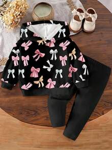 2 Peças Conjunto de Moletom com Capuz e Estampa de Laço e Legging Estampada para Menina Bebê 0-3 Anos, Adequado para Outono/Inverno, Uso Diário, Exterior, Doméstico, Básicos de Moda - Multicolorido - Visão 2