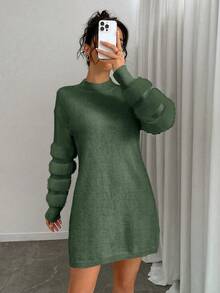 Elenzga Plus Size Solid Color Fitted Stand Collar Casual Versatile Long Sleeve Sweater Dress - Army Green - View 3
