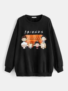 FRIENDS X SHEIN Plus Size Casual Cartoon Character & Letter Print Drop Shoulder Loose Sweatshirt, Spring & Autumn And Winter Fall - Black - View 4