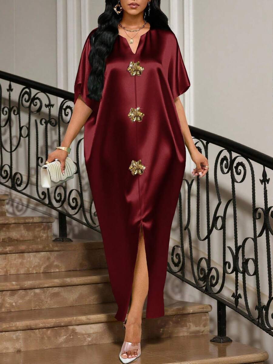 SHEIN Lady 四季皆宜的节日礼服/婚礼宾客/礼服/舞会礼服/金色/晚宴礼服/金色女士缎面提花前开衩连衣裙，休闲派对优雅 - 酒紅色 - 查看 1