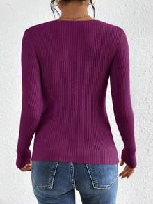 SHEIN Frenchy 秋冬季扭结前片罗纹针织毛衣 - 中紫紅色 - 查看 2