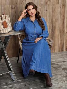 EMERY ROSE 大码女士休闲优雅水洗牛仔连衣裙 - 淺色水洗藍 - 查看 4