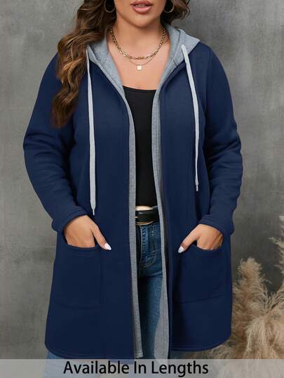 SHEIN PETITE CURVE Abrigo con capucha con cordón y bolsillos para mujer talla grande de invierno