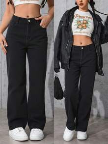 Pantalones Vaqueros Anchos con Cintura Elástica y Diseño Patchwork, Confortables y Estilosos para Mujer - Negro - Ver 2