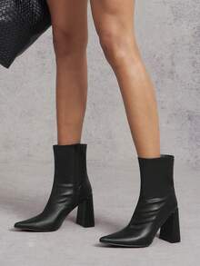 SHUZIA Women's Fashionable & Comfortable Stretch PU Ankle High Heel Booties - Black - View 6