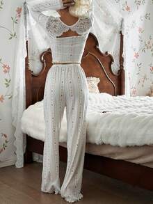 SHEIN Floral Lace Panel Women Pajama Set, Winter Clothes - White - View 1
