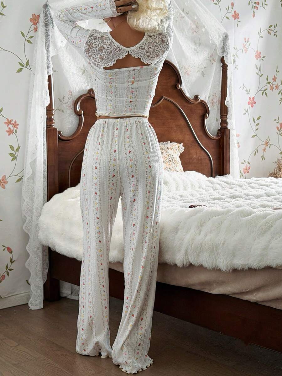 SHEIN Floral Lace Panel Women Pajama Set, Winter Clothes - White - View 1