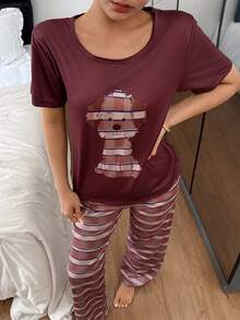 SHEIN 2pcs Cute Puppy Print Pajama Set, Short Sleeve Top And Long Pants Pajama Sets For Women Round Neck Summer Pijama Sets For Women Lounge Wear Women Set Sleep Wear Women Set Pajamas Set For Woman