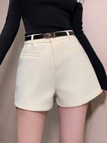 DAZY 女士加厚白色仿羊毛混纺商务休闲办公短裤，带口袋，直筒版型，秋冬季