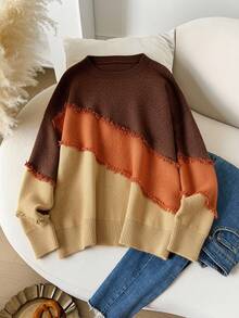CosyJoli Suéter de cuello redondo informal con bloque de color, bigote de gato y flecos, talla grande, ropa de otoño e invierno para mujeres - Café integral - Ver 5