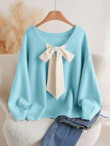 CosyJoli 大码休闲V领蝴蝶结系带宽松套头毛衣 春季/春假/春季 - 薄荷藍 - 查看 3