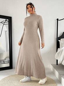 SHEIN EZwear Plus Size Casual Apricot Color Dress, Autumn/Winter - Apricot - View 4