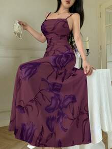 Modelyn Vestido casual de verano para mujer con estampado floral de malla, tirantes finos y volantes en la cintura - Burdeos - Ver 5